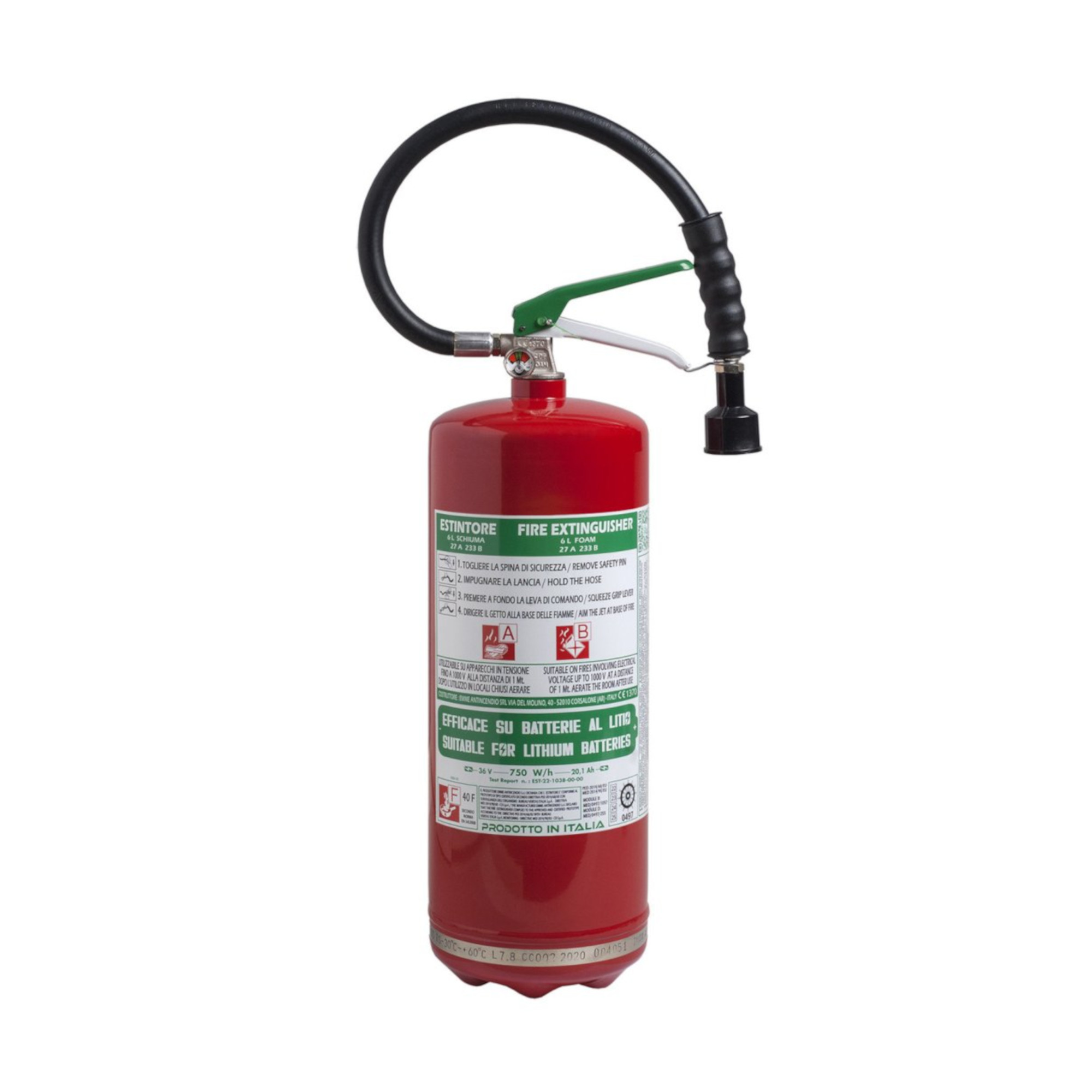 Feuerlöscher Schaum DOLOMITI lt 6 Inoxbehälter - 27A 233B 40F (geeignet für Litium Batterien)